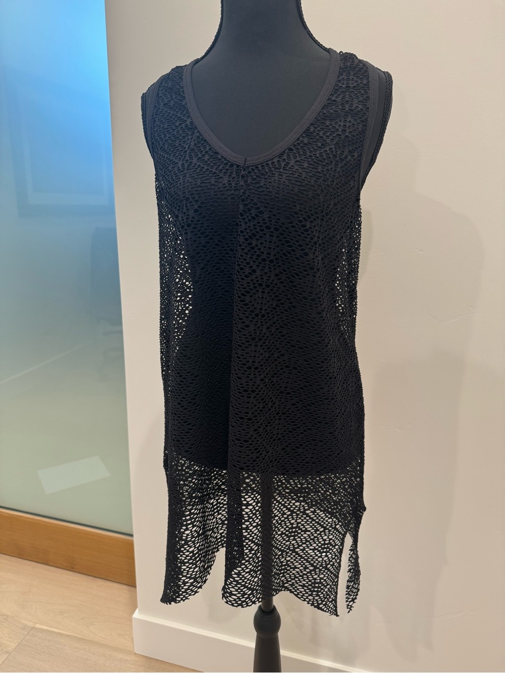 Black Open-Knit V-Neck Swim Coverup